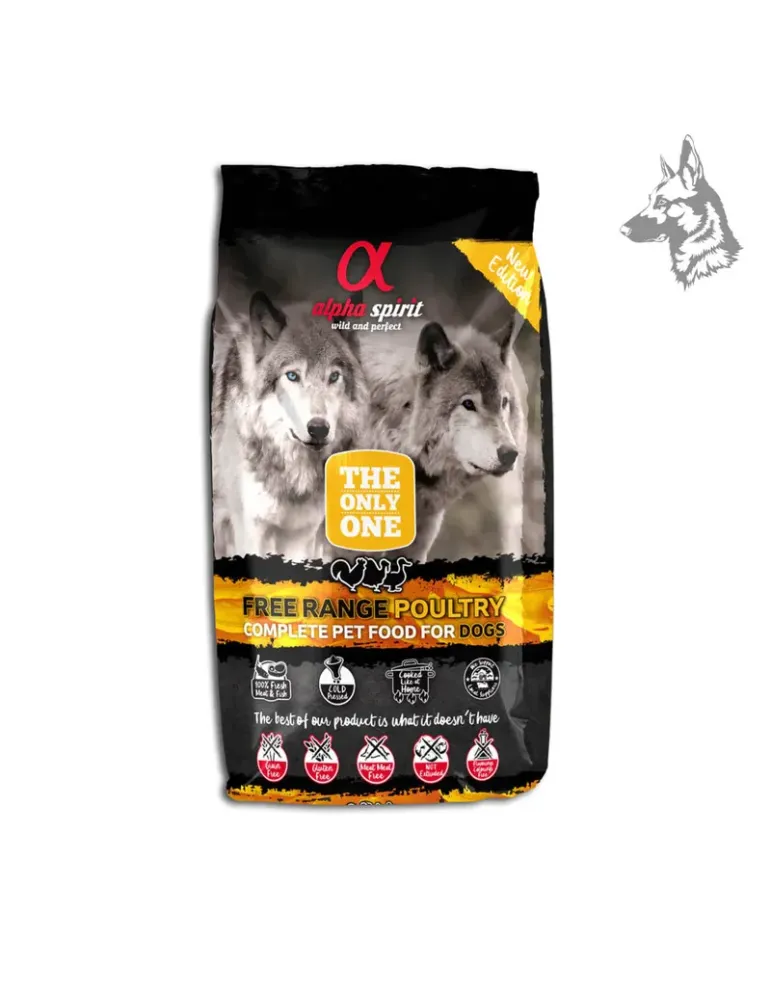 Saco de pienso para perros Alpha Spirit Free Range Poultry con carne fresca de aves de corral. Receta sin cereales ni gluten par
