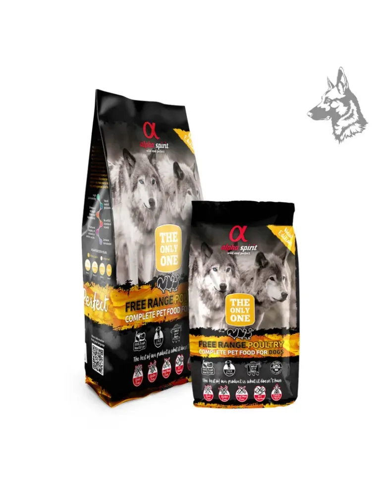 Sacos de pienso Alpha Spirit Free Range Poultry en diferentes tamaños, formulados con carne fresca de ave para una dieta equilib