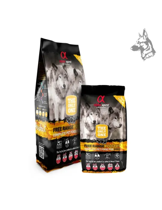 Sacos de pienso Alpha Spirit Free Range Poultry en diferentes tamaños, formulados con carne fresca de ave para una dieta equilib