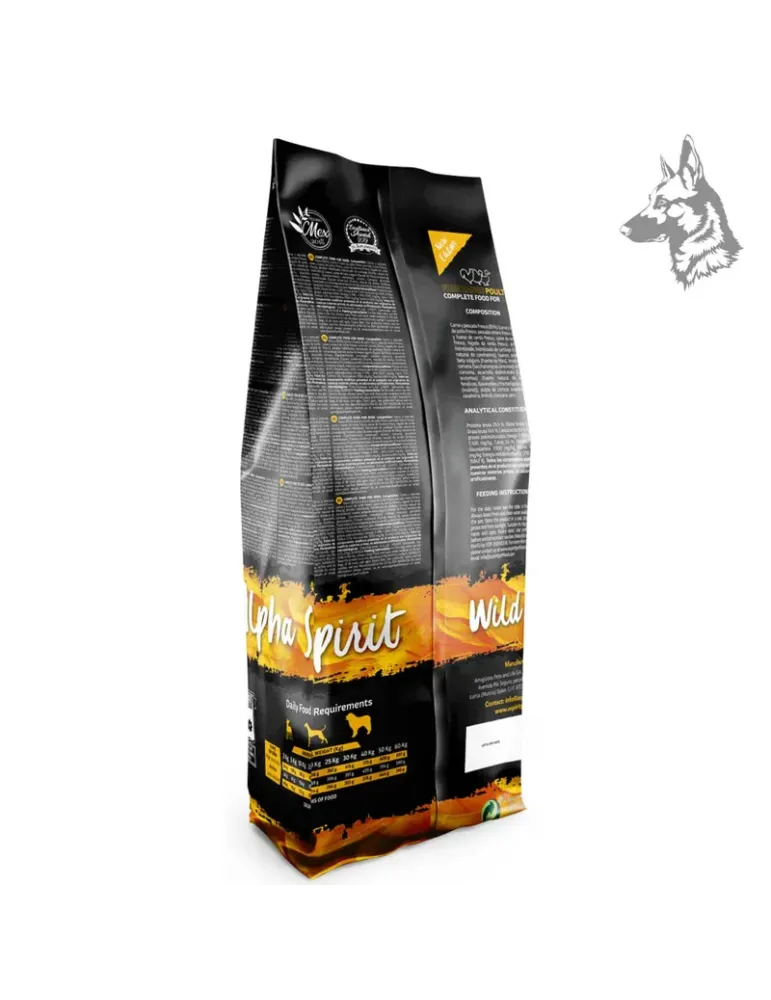 Parte trasera del envase de Alpha Spirit Free Range Poultry, mostrando la composición nutricional, instrucciones de alimentación