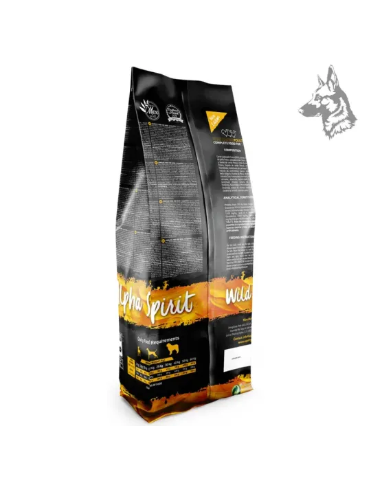 Parte trasera del envase de Alpha Spirit Free Range Poultry, mostrando la composición nutricional, instrucciones de alimentación