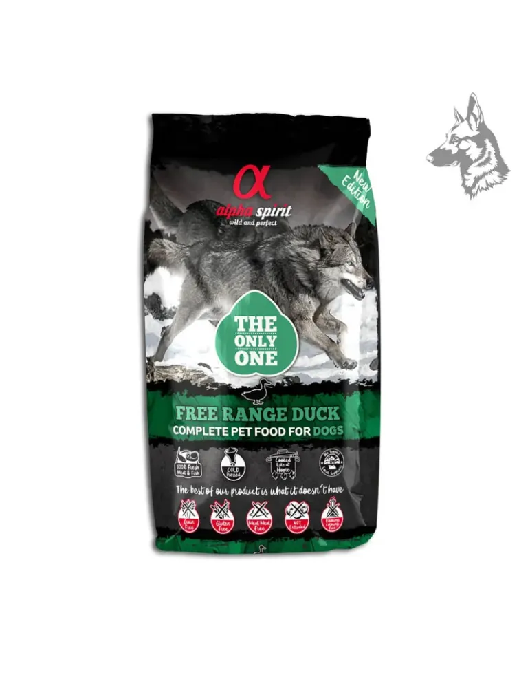 Bolsa de pienso Alpha Spirit Free Range Duck, una fórmula premium con carne de pato de corral, diseñada para una nutrición equil