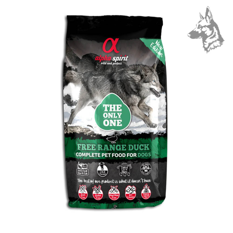 Bolsa de pienso Alpha Spirit Free Range Duck, una fórmula premium con carne de pato de corral, diseñada para una nutrición equil