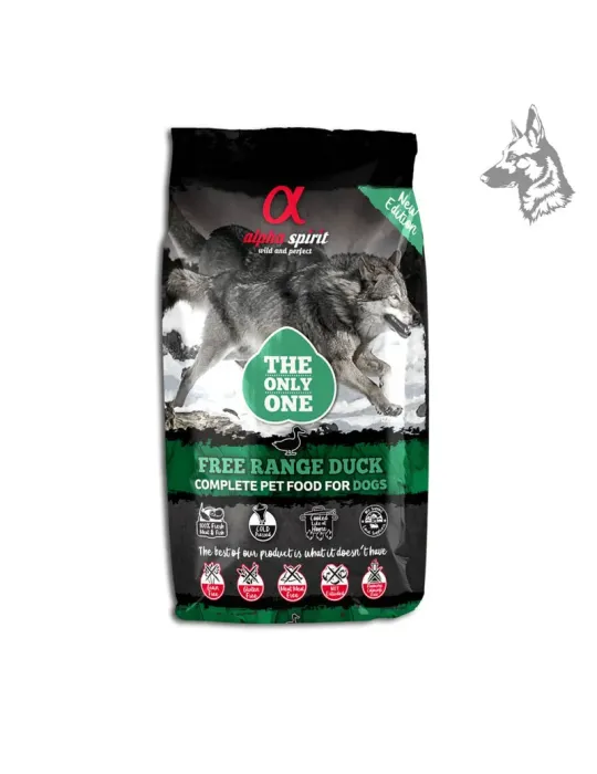 Bolsa de pienso Alpha Spirit Free Range Duck, una fórmula premium con carne de pato de corral, diseñada para una nutrición equil