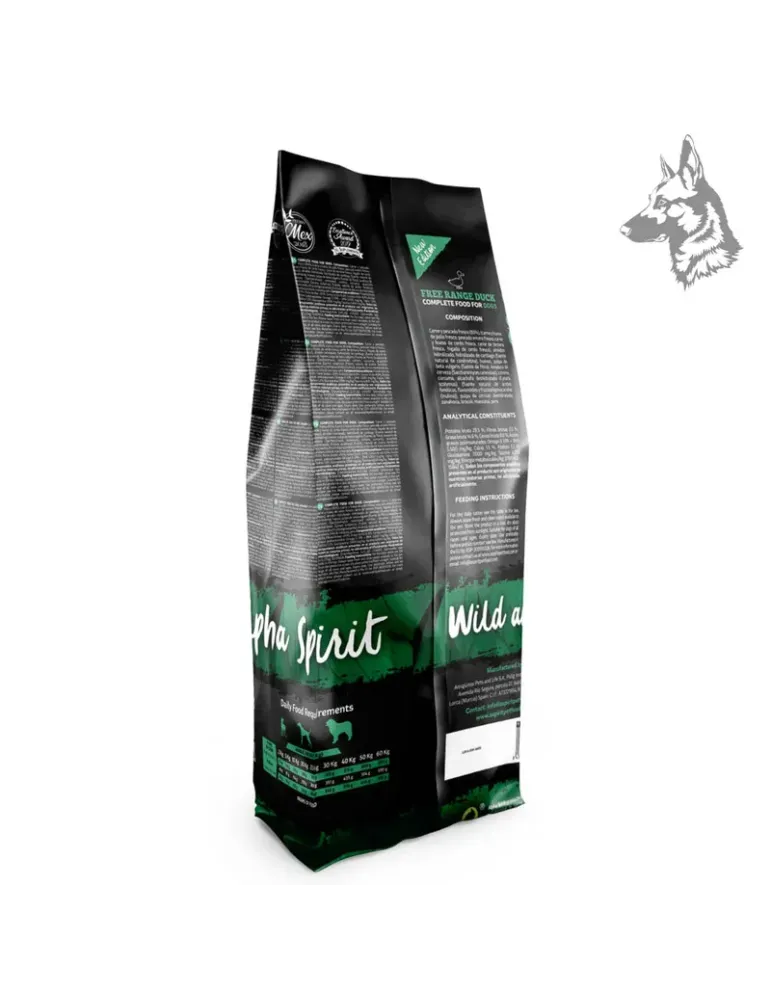 Parte trasera del envase de Alpha Spirit Free Range Duck, mostrando la composición nutricional, ingredientes y recomendaciones d