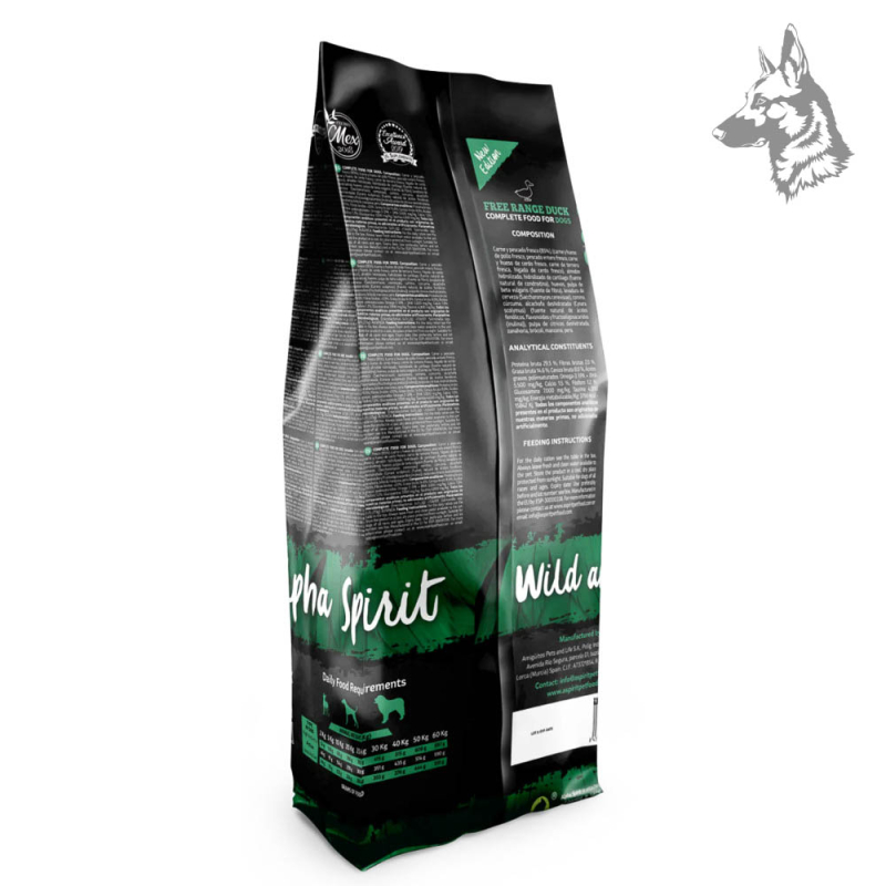 Parte trasera del envase de Alpha Spirit Free Range Duck, mostrando la composición nutricional, ingredientes y recomendaciones d