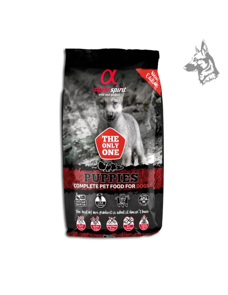 Sacos de pienso Alpha Spirit Puppies, alimento completo para cachorros con ingredientes naturales y carne fresca. Fórmula sin ce
