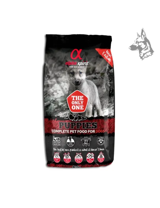 Sacos de pienso Alpha Spirit Puppies, alimento completo para cachorros con ingredientes naturales y carne fresca. Fórmula sin ce