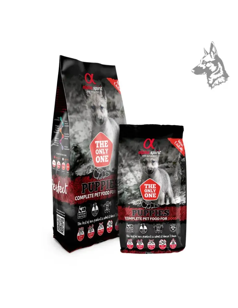 Bolsa de pienso Alpha Spirit Puppies con receta especializada para cachorros. Rico en proteínas, sin gluten ni cereales, ideal p
