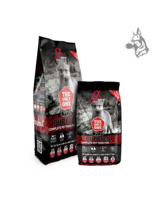 Bolsa de pienso Alpha Spirit Puppies con receta especializada para cachorros. Rico en proteínas, sin gluten ni cereales, ideal p