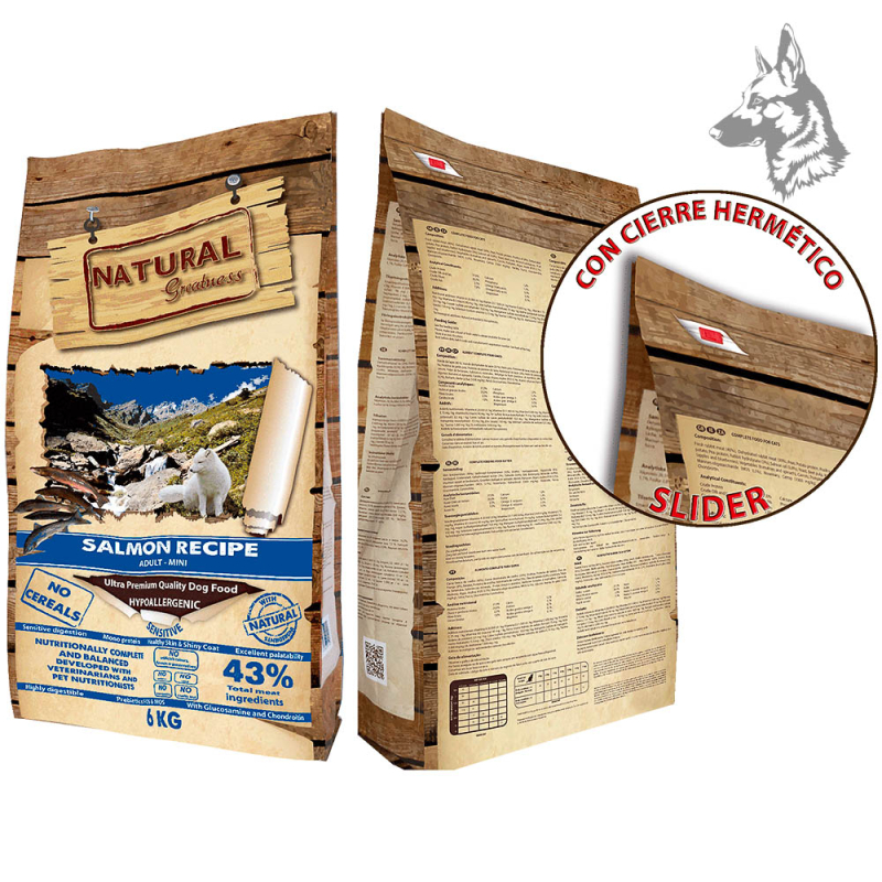 Saco de pienso Natural Greatness Salmon Recipe Mini de 6 kg, alimento hipoalergénico sin cereales para perros adultos de razas p