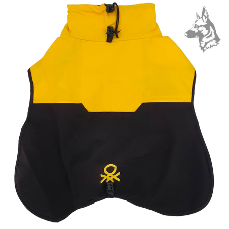 Vista superior del chubasquero para perros Benetton en color amarillo y negro – Material resistente e impermeable con ajuste de 
