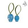 Comparación de dos tamaños de la pelota Julius-K9 Duoplay, ambas con su característica asa de cuerda fluorescente, ideales para 