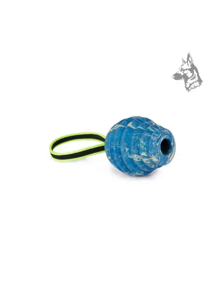 Pelota Julius-K9 Duoplay en color azul con diseño texturizado y orificio central, ideal para rellenar con premios y fomentar la 