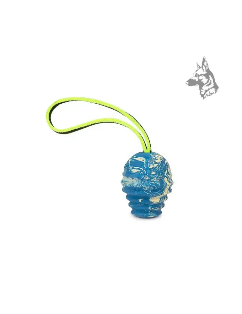 Pelota antibacteriana Julius-K9 Duoplay en color azul con asa de cuerda fluorescente para facilitar el agarre y el lanzamiento. 