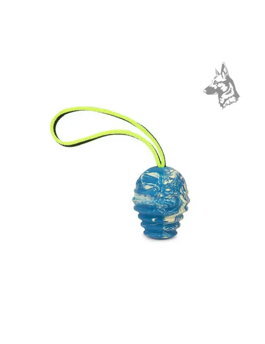 Pelota antibacteriana Julius-K9 Duoplay en color azul con asa de cuerda fluorescente para facilitar el agarre y el lanzamiento. 