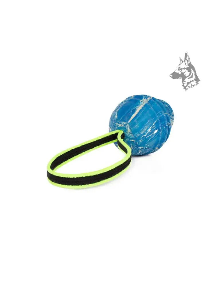 Pelota Julius-K9 Duoplay en color azul con asa de cuerda fluorescente negra y verde para un mejor agarre y mayor control durante