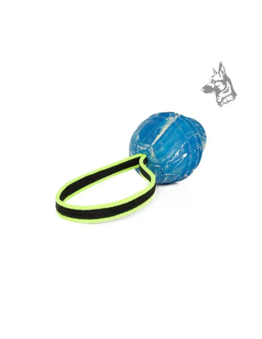 Pelota Julius-K9 Duoplay en color azul con asa de cuerda fluorescente negra y verde para un mejor agarre y mayor control durante