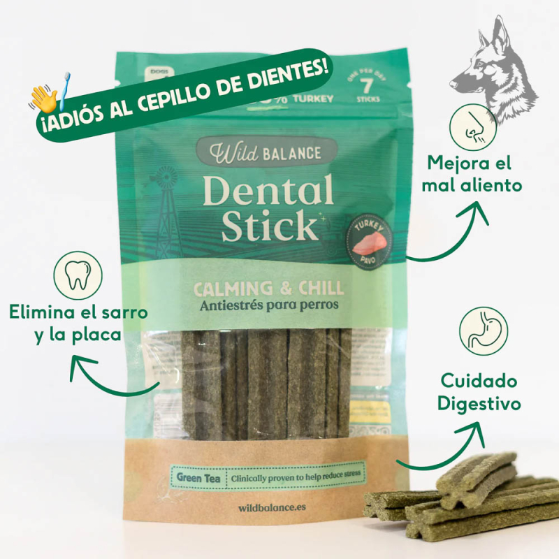 Pack de sticks dentales Wild Balance "Calming & Chill" con anotaciones resaltando sus beneficios: "¡Adiós al cepillo de dientes!