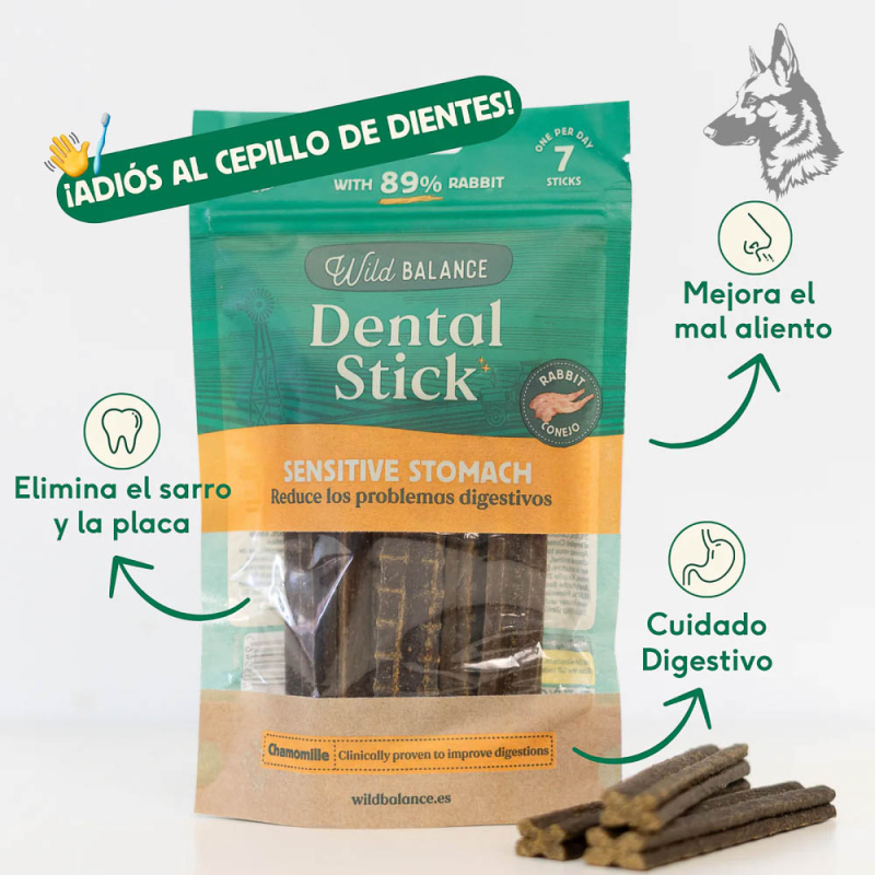 Empaque de sticks dentales Wild Balance con descripciones destacadas: elimina sarro, mejora el aliento y cuida la digestión. Per