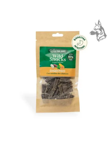 Bolsa de premios naturales Wild Snacks Digestivos de Pato con semillas de calabaza, en empaque ecológico con diseño verde y nara