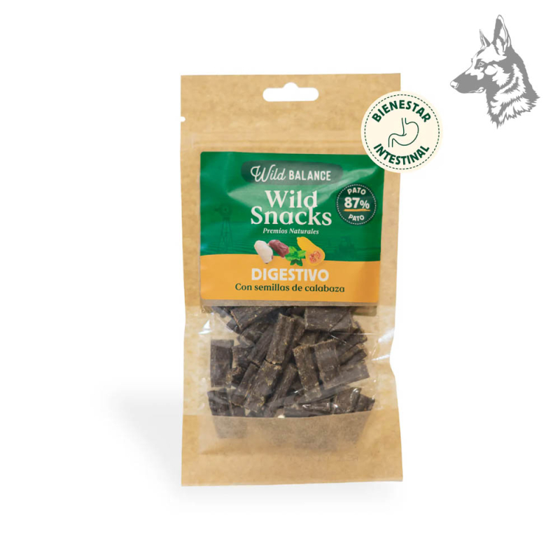 Bolsa de premios naturales Wild Snacks Digestivos de Pato con semillas de calabaza, en empaque ecológico con diseño verde y nara