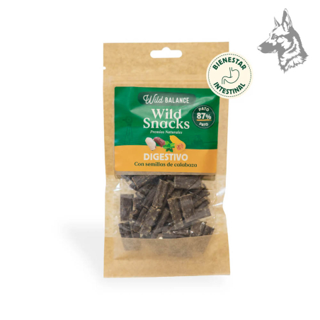 Bolsa de premios naturales Wild Snacks Digestivos de Pato con semillas de calabaza, en empaque ecológico con diseño verde y nara