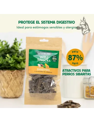 Bolsa de premios naturales Wild Snacks Digestivos de Pato con semillas de calabaza, en empaque ecológico con diseño verde y nara 2