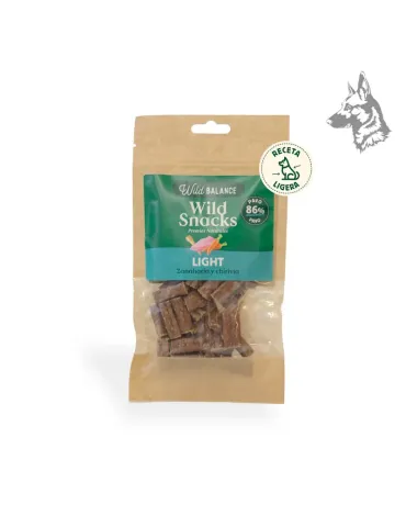 Bolsa de premios naturales Wild Snacks Light con pavo (86%) y vegetales como zanahoria y chirivía, ideal para perros con sobrepe