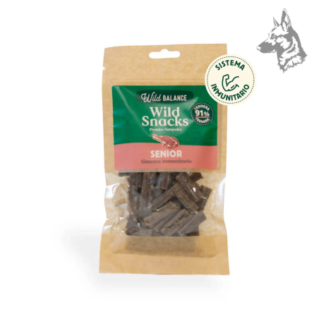 Bolsa de premios naturales Wild Snacks Senior de ternera con 91% carne, diseñada para reforzar el sistema inmunitario en perros 