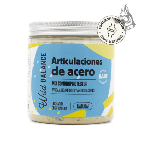 Tarro de suplemento "Articulaciones de Acero" de Wild Balance, con etiqueta azul y detalles en amarillo. Destaca su función cond