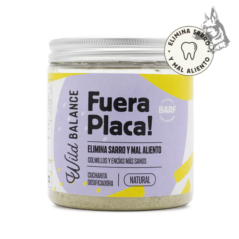 Tarro de suplemento natural "Fuera Placa!" de Wild Balance, diseñado para eliminar el sarro y el mal aliento en perros y gatos. 
