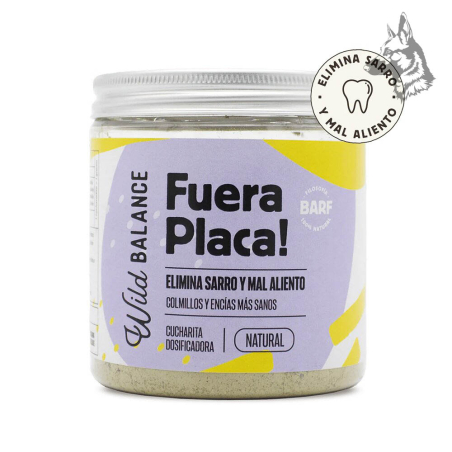 Tarro de suplemento natural "Fuera Placa!" de Wild Balance, diseñado para eliminar el sarro y el mal aliento en perros y gatos. 