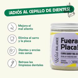 Tarro de suplemento natural "Fuera Placa!" de Wild Balance, diseñado para eliminar el sarro y el mal aliento en perros y gatos.  2