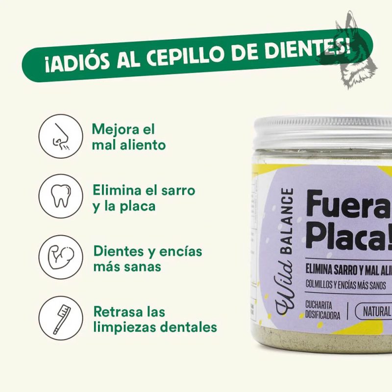 Infografía destacando los beneficios del suplemento "Fuera Placa!" de Wild Balance. Lista con iconos resaltando la eliminación d