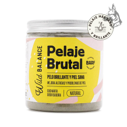 Un frasco de suplemento natural "Pelaje Brutal" de Wild Balance con etiqueta amarilla y tapa metálica, diseñado para mejorar la 