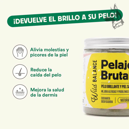 Información sobre los beneficios del suplemento "Pelaje Brutal". Iconos y texto destacan que ayuda a aliviar molestias en la pie