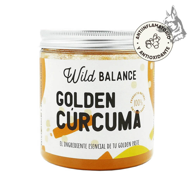 Tarro de Golden Cúrcuma de Wild Balance, un suplemento natural con propiedades antiinflamatorias y antioxidantes. Diseño blanco 