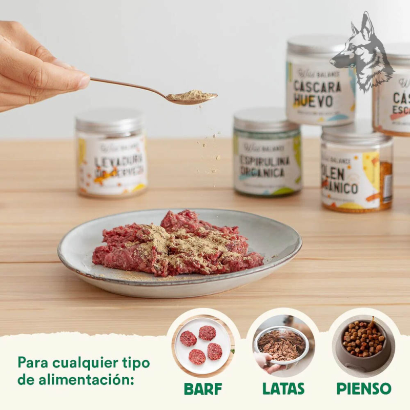 Una persona espolvoreando Golden Cúrcuma sobre carne cruda en un plato, con otros suplementos naturales de Wild Balance al fondo