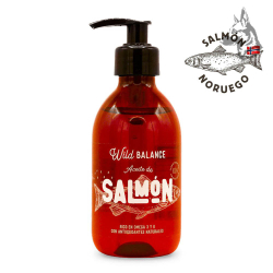 Botella de Aceite de Salmón Noruego Wild Balance con dispensador negro, destacando sus propiedades ricas en omega 3 y 6 con anti