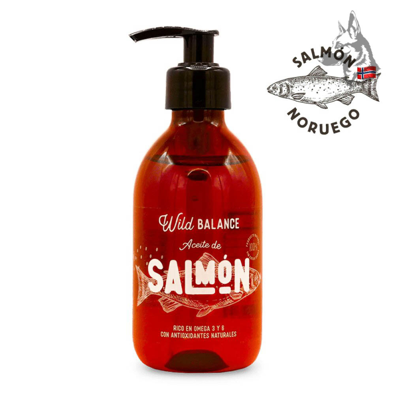 Botella de Aceite de Salmón Noruego Wild Balance con dispensador negro, destacando sus propiedades ricas en omega 3 y 6 con anti