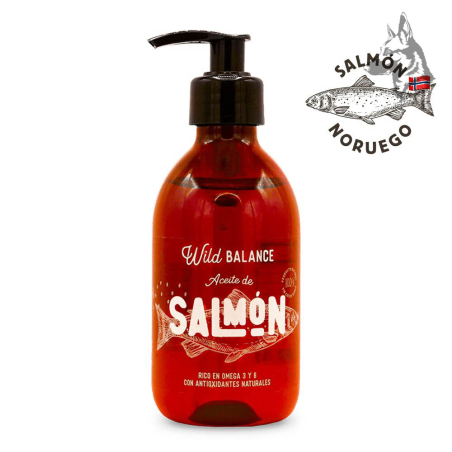 Botella de Aceite de Salmón Noruego Wild Balance con dispensador negro, destacando sus propiedades ricas en omega 3 y 6 con anti