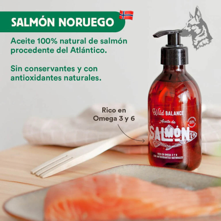 Aceite de salmón en primer plano junto a un filete de salmón fresco sobre una mesa de madera. Texto resaltado: "Salmón noruego -
