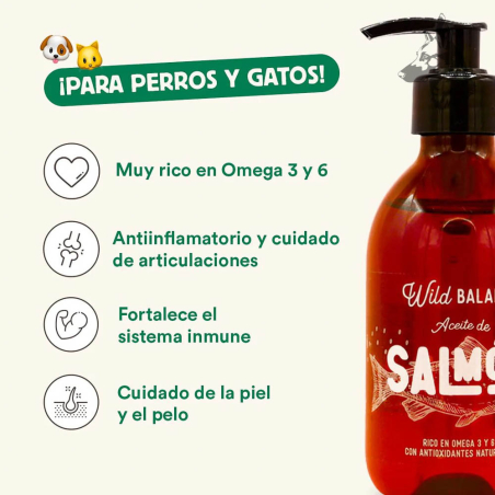 Beneficios del aceite de salmón para perros y gatos, con ilustraciones destacando: "Rico en Omega 3 y 6", "Antiinflamatorio y cu