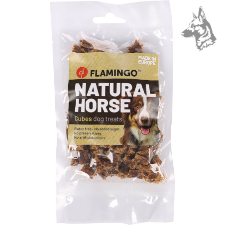 "Trozos de carne de caballo deshidratada Flamingo – Snack premium para perros, 100% natural y libre de aditivos. Perfecto como r