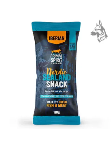Bolsa de snacks complementarios para perros de Primal Spirit, elaborados con pescado y carne frescos. Presentación de 110 g con 