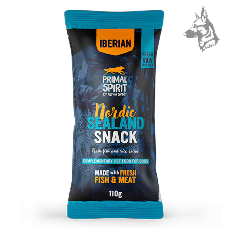 Bolsa de snacks complementarios para perros de Primal Spirit, elaborados con pescado y carne frescos. Presentación de 110 g con 