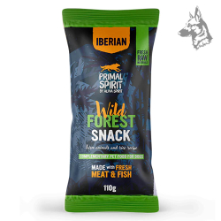 Bolsa de snacks para perros de Primal Spirit con ingredientes frescos de carne y pescado. Presentación de 110 g con diseño azul 
