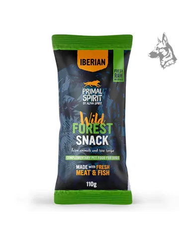 Bolsa de snacks para perros de Primal Spirit con ingredientes frescos de carne y pescado. Presentación de 110 g con diseño azul 