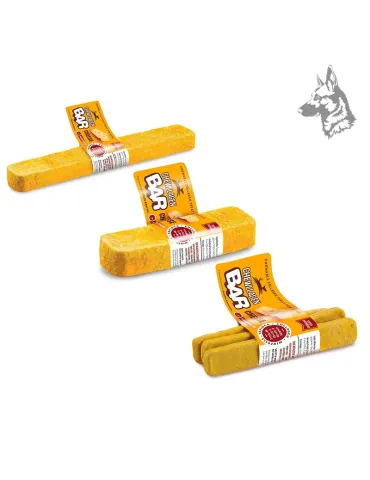 Tres tamaños de barritas de colágeno con queso, diseñadas para adaptarse a perros pequeños, medianos y grandes.